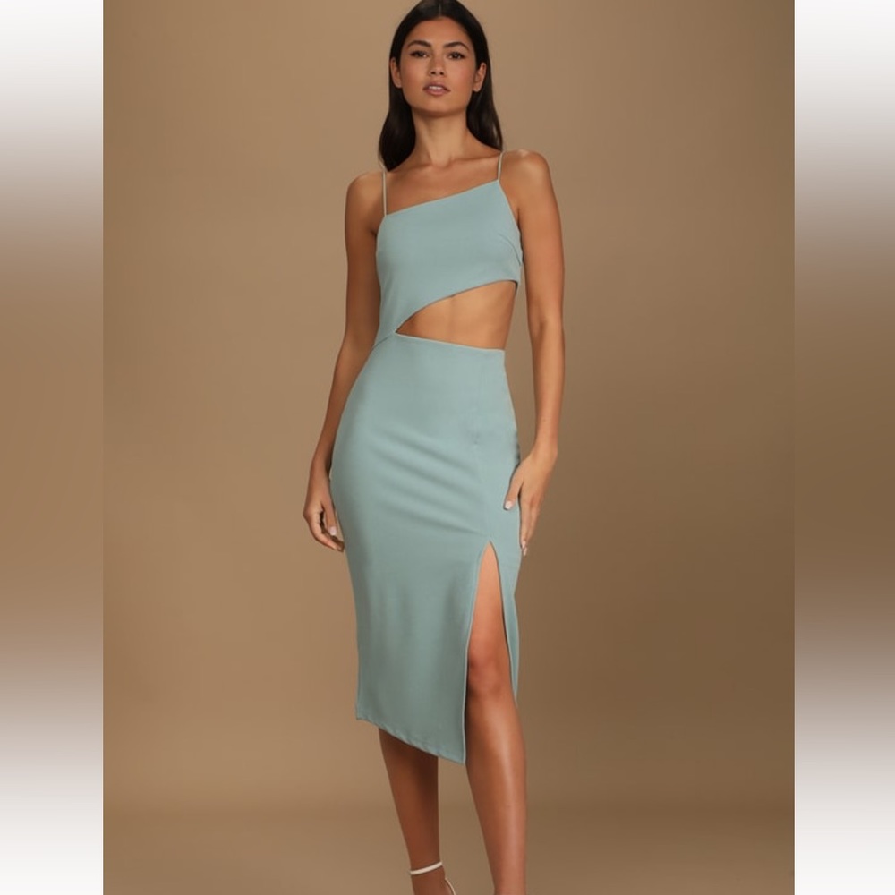 Sea foam green one shoulder cutout midi dress NWT
